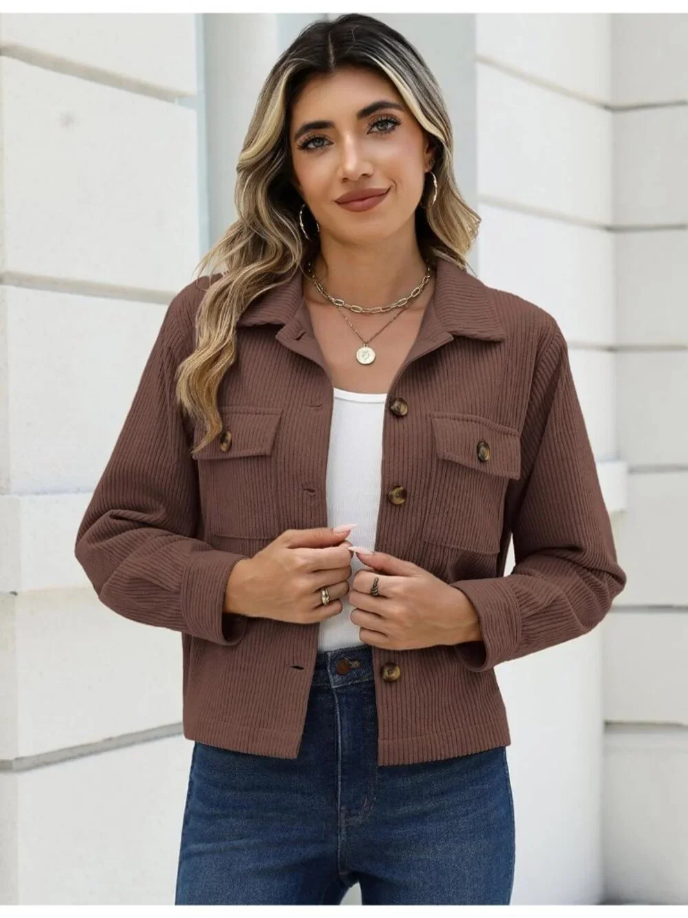 Women's Brown Fashion Cropped Corduroy Button Down Long Sleeve Trendy Jacket